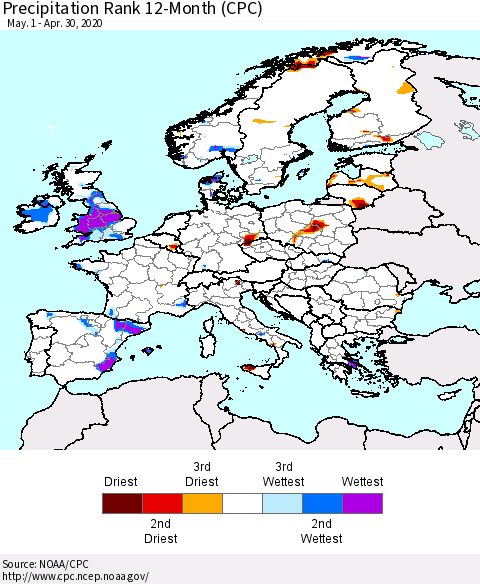 Europe Precipitation Rank since 1981, 12-Month (CPC) Thematic Map For 5/1/2019 - 4/30/2020