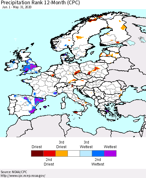 Europe Precipitation Rank since 1981, 12-Month (CPC) Thematic Map For 6/1/2019 - 5/31/2020