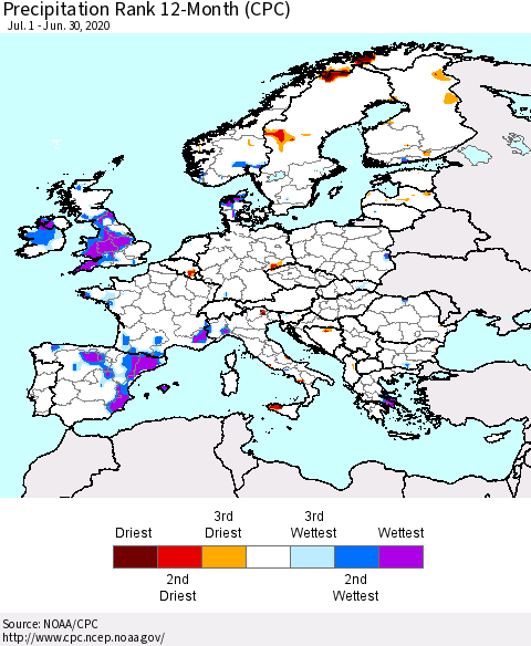 Europe Precipitation Rank since 1981, 12-Month (CPC) Thematic Map For 7/1/2019 - 6/30/2020
