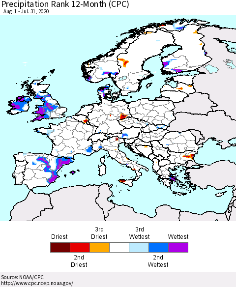 Europe Precipitation Rank since 1981, 12-Month (CPC) Thematic Map For 8/1/2019 - 7/31/2020