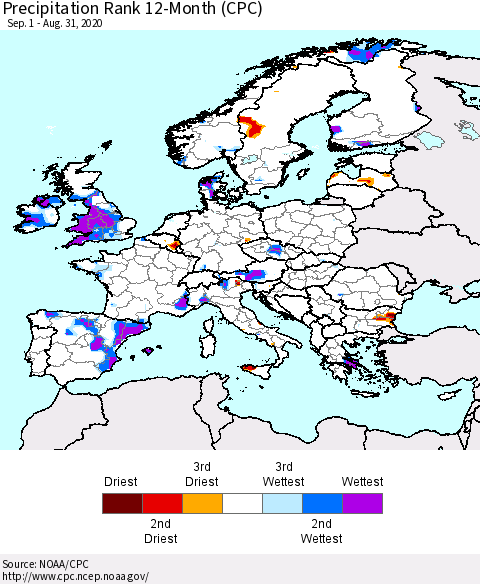 Europe Precipitation Rank 12-Month (CPC) Thematic Map For 9/1/2019 - 8/31/2020