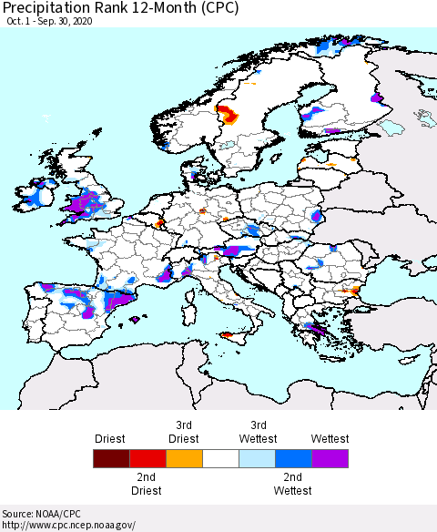 Europe Precipitation Rank 12-Month (CPC) Thematic Map For 10/1/2019 - 9/30/2020