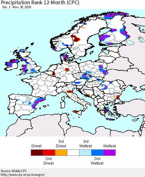 Europe Precipitation Rank 12-Month (CPC) Thematic Map For 12/1/2019 - 11/30/2020