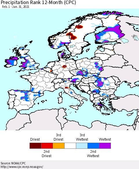 Europe Precipitation Rank 12-Month (CPC) Thematic Map For 2/1/2020 - 1/31/2021