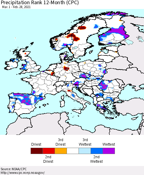 Europe Precipitation Rank 12-Month (CPC) Thematic Map For 3/1/2020 - 2/28/2021