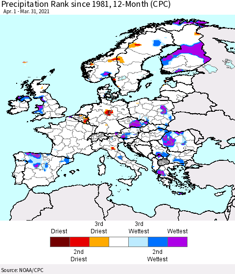 Europe Precipitation Rank 12-Month (CPC) Thematic Map For 4/1/2020 - 3/31/2021