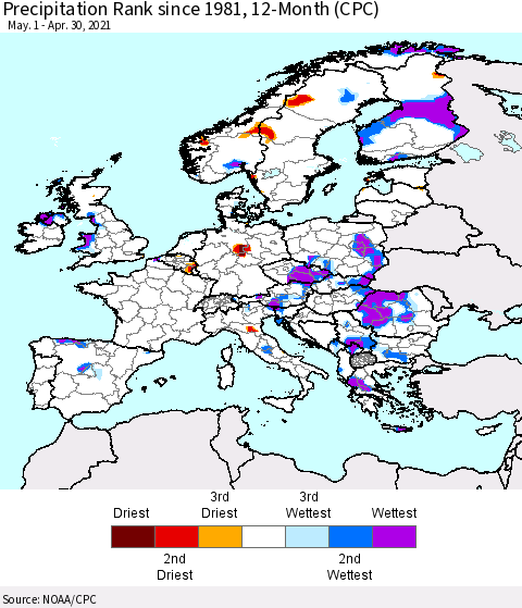 Europe Precipitation Rank 12-Month (CPC) Thematic Map For 5/1/2020 - 4/30/2021