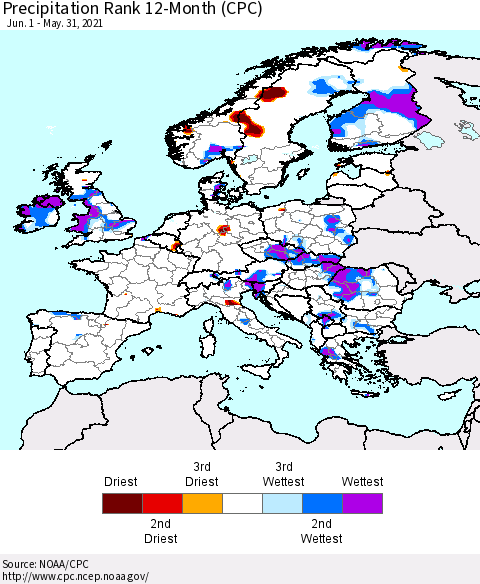 Europe Precipitation Rank 12-Month (CPC) Thematic Map For 6/1/2020 - 5/31/2021