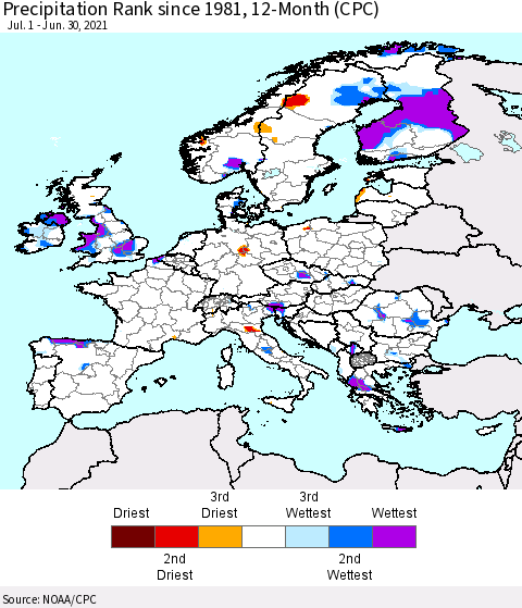 Europe Precipitation Rank since 1981, 12-Month (CPC) Thematic Map For 7/1/2020 - 6/30/2021