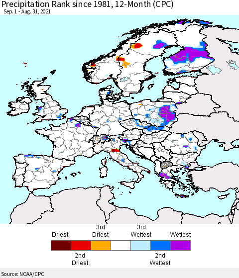 Europe Precipitation Rank 12-Month (CPC) Thematic Map For 9/1/2020 - 8/31/2021