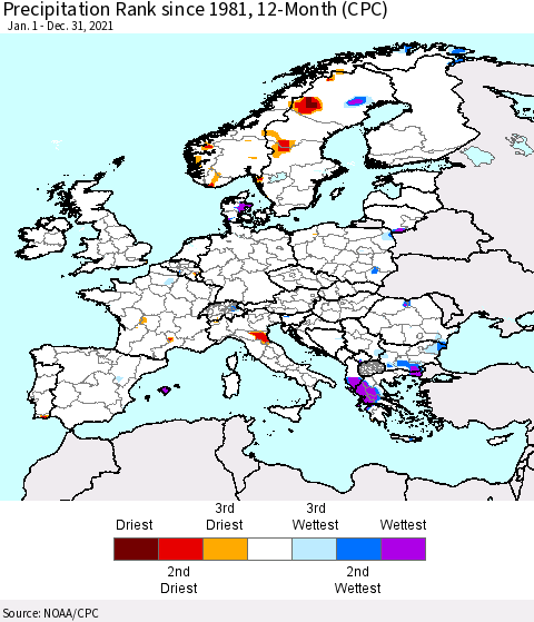 Europe Precipitation Rank 12-Month (CPC) Thematic Map For 1/1/2021 - 12/31/2021
