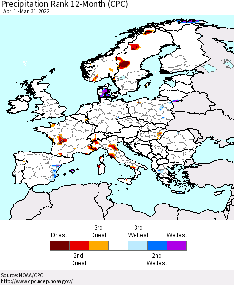 Europe Precipitation Rank 12-Month (CPC) Thematic Map For 4/1/2021 - 3/31/2022