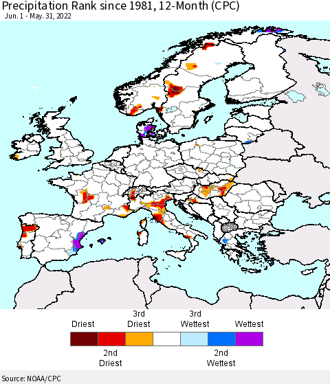 Europe Precipitation Rank since 1981, 12-Month (CPC) Thematic Map For 6/1/2021 - 5/31/2022
