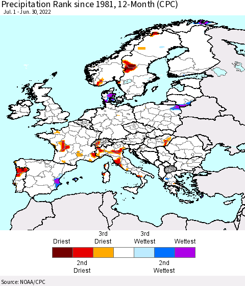 Europe Precipitation Rank since 1981, 12-Month (CPC) Thematic Map For 7/1/2021 - 6/30/2022