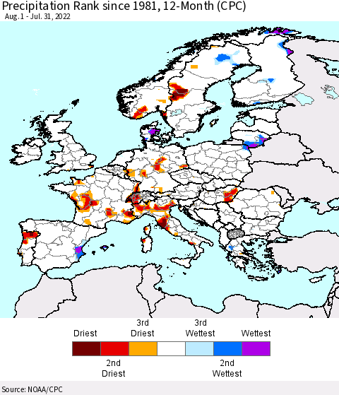 Europe Precipitation Rank since 1981, 12-Month (CPC) Thematic Map For 8/1/2021 - 7/31/2022