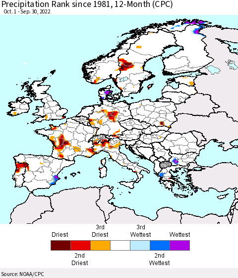 Europe Precipitation Rank since 1981, 12-Month (CPC) Thematic Map For 10/1/2021 - 9/30/2022
