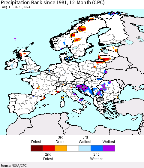 Europe Precipitation Rank since 1981, 12-Month (CPC) Thematic Map For 8/1/2022 - 7/31/2023