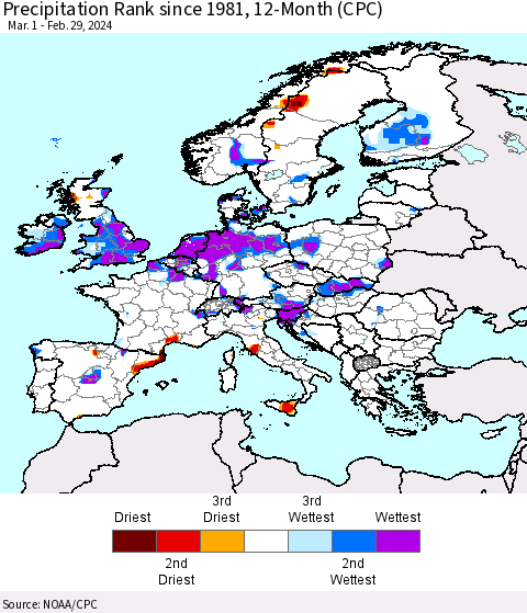 Europe Precipitation Rank since 1981, 12-Month (CPC) Thematic Map For 3/1/2023 - 2/29/2024