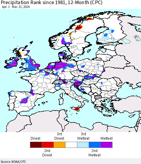 Europe Precipitation Rank since 1981, 12-Month (CPC) Thematic Map For 4/1/2023 - 3/31/2024