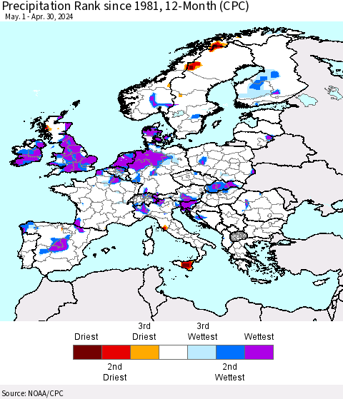 Europe Precipitation Rank since 1981, 12-Month (CPC) Thematic Map For 5/1/2023 - 4/30/2024