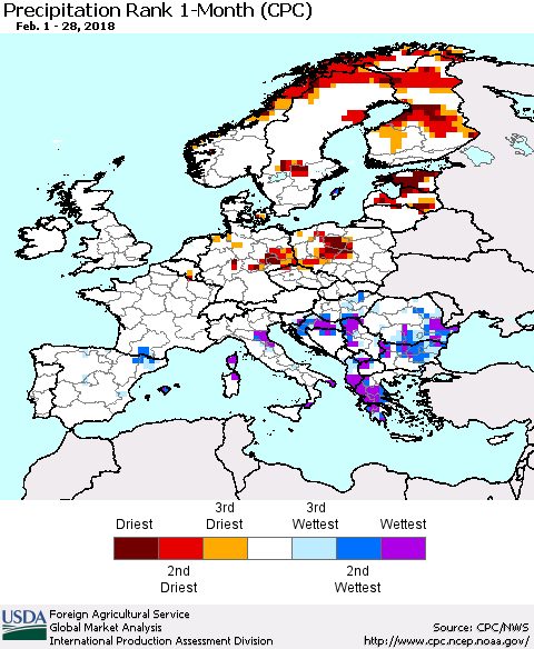 Europe Precipitation Rank since 1981, 1-Month (CPC) Thematic Map For 2/1/2018 - 2/28/2018