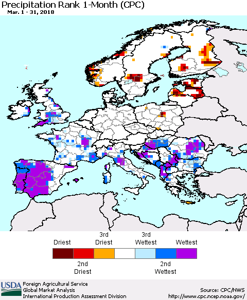 Europe Precipitation Rank since 1981, 1-Month (CPC) Thematic Map For 3/1/2018 - 3/31/2018