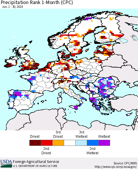 Europe Precipitation Rank since 1981, 1-Month (CPC) Thematic Map For 6/1/2018 - 6/30/2018