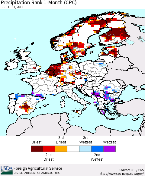 Europe Precipitation Rank since 1981, 1-Month (CPC) Thematic Map For 7/1/2018 - 7/31/2018