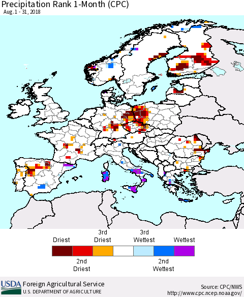 Europe Precipitation Rank since 1981, 1-Month (CPC) Thematic Map For 8/1/2018 - 8/31/2018