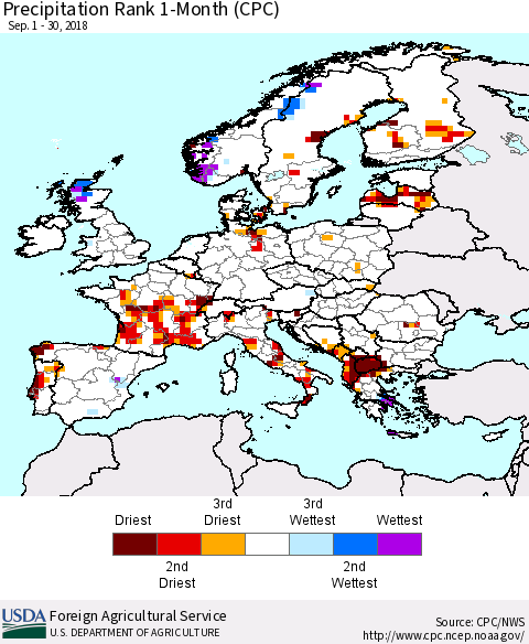 Europe Precipitation Rank since 1981, 1-Month (CPC) Thematic Map For 9/1/2018 - 9/30/2018