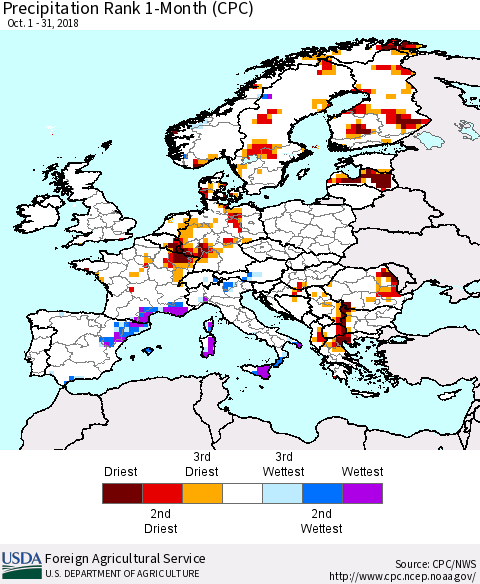 Europe Precipitation Rank since 1981, 1-Month (CPC) Thematic Map For 10/1/2018 - 10/31/2018