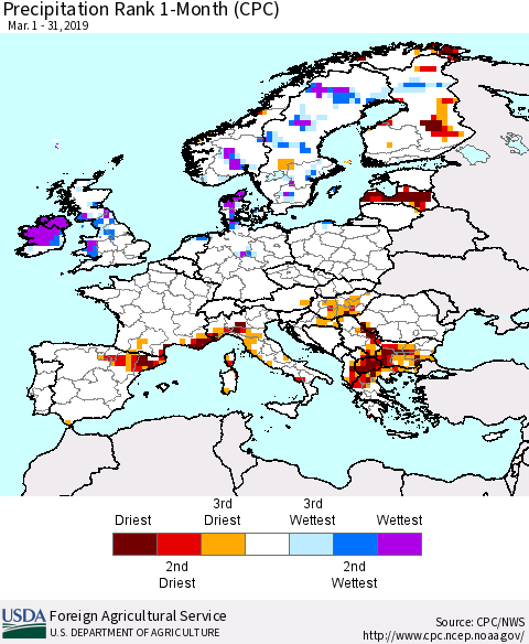 Europe Precipitation Rank since 1981, 1-Month (CPC) Thematic Map For 3/1/2019 - 3/31/2019