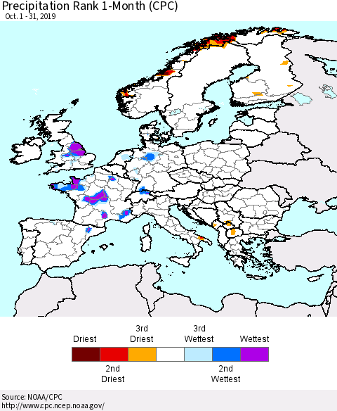 Europe Precipitation Rank 1-Month (CPC) Thematic Map For 10/1/2019 - 10/31/2019