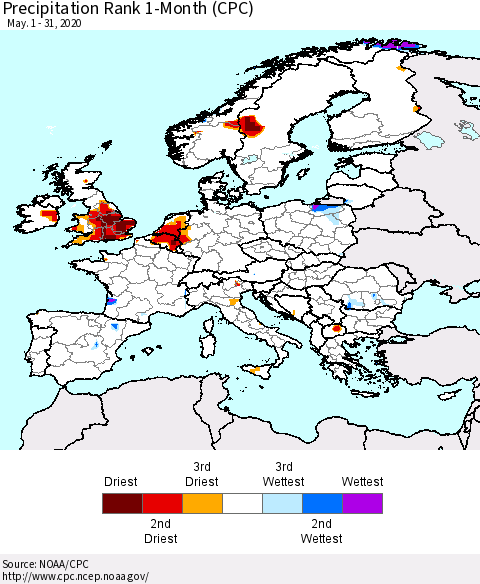 Europe Precipitation Rank 1-Month (CPC) Thematic Map For 5/1/2020 - 5/31/2020