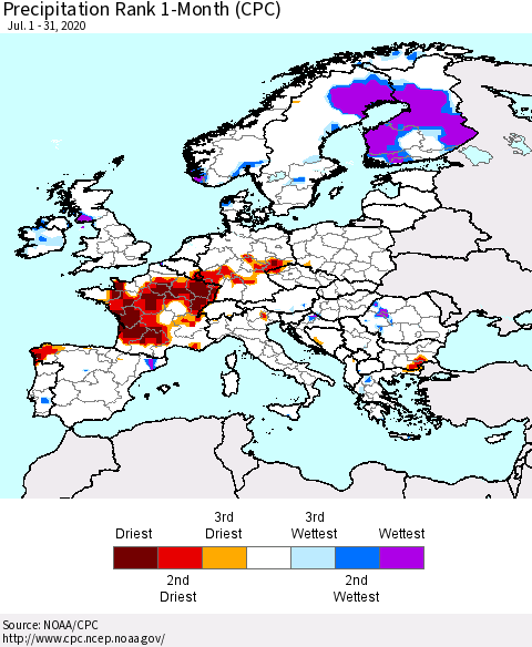 Europe Precipitation Rank 1-Month (CPC) Thematic Map For 7/1/2020 - 7/31/2020