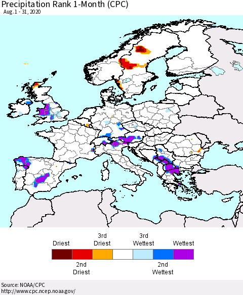 Europe Precipitation Rank since 1981, 1-Month (CPC) Thematic Map For 8/1/2020 - 8/31/2020