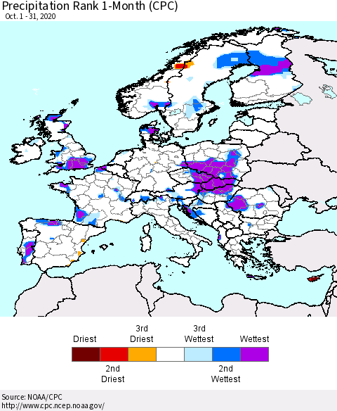 Europe Precipitation Rank since 1981, 1-Month (CPC) Thematic Map For 10/1/2020 - 10/31/2020