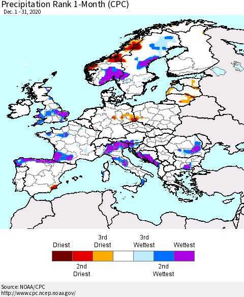 Europe Precipitation Rank 1-Month (CPC) Thematic Map For 12/1/2020 - 12/31/2020