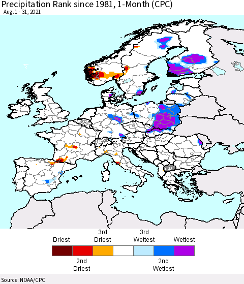 Europe Precipitation Rank 1-Month (CPC) Thematic Map For 8/1/2021 - 8/31/2021