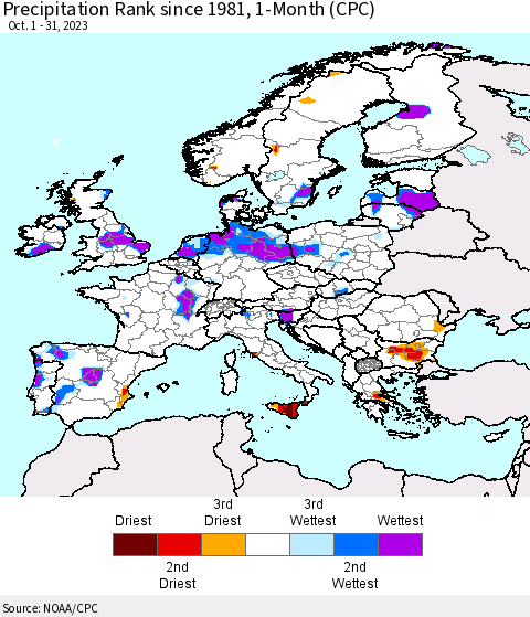 Europe Precipitation Rank since 1981, 1-Month (CPC) Thematic Map For 10/1/2023 - 10/31/2023