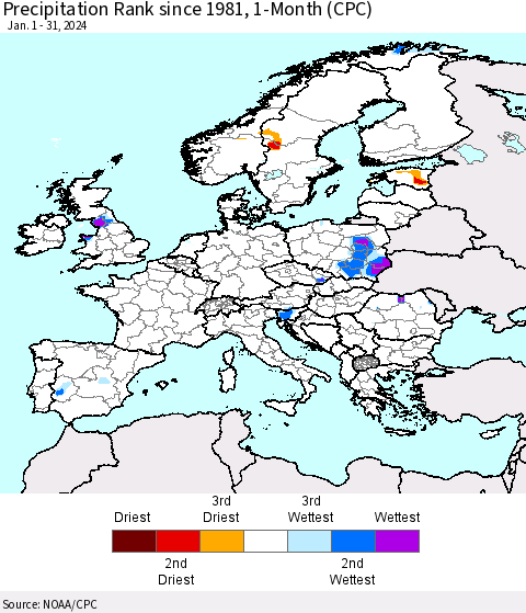 Europe Precipitation Rank since 1981, 1-Month (CPC) Thematic Map For 1/1/2024 - 1/31/2024