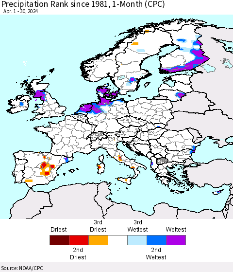 Europe Precipitation Rank since 1981, 1-Month (CPC) Thematic Map For 4/1/2024 - 4/30/2024