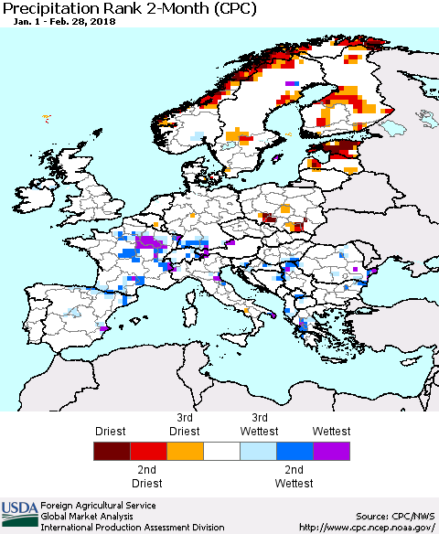 Europe Precipitation Rank since 1981, 2-Month (CPC) Thematic Map For 1/1/2018 - 2/28/2018
