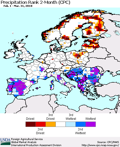 Europe Precipitation Rank since 1981, 2-Month (CPC) Thematic Map For 2/1/2018 - 3/31/2018