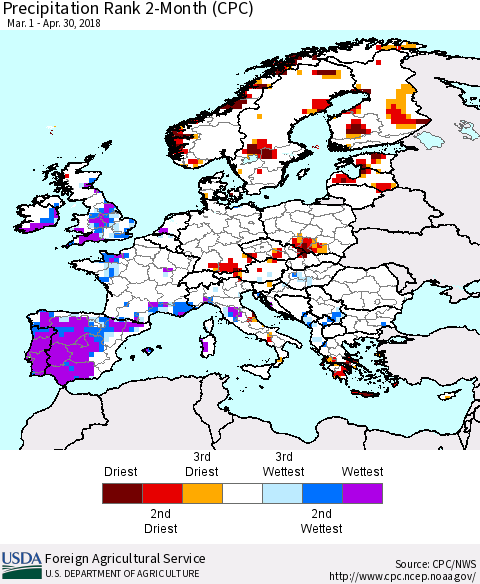 Europe Precipitation Rank since 1981, 2-Month (CPC) Thematic Map For 3/1/2018 - 4/30/2018