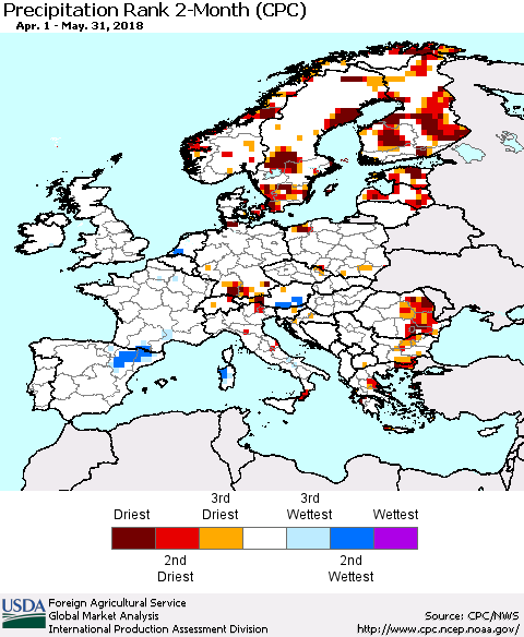 Europe Precipitation Rank since 1981, 2-Month (CPC) Thematic Map For 4/1/2018 - 5/31/2018