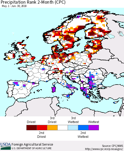 Europe Precipitation Rank since 1981, 2-Month (CPC) Thematic Map For 5/1/2018 - 6/30/2018