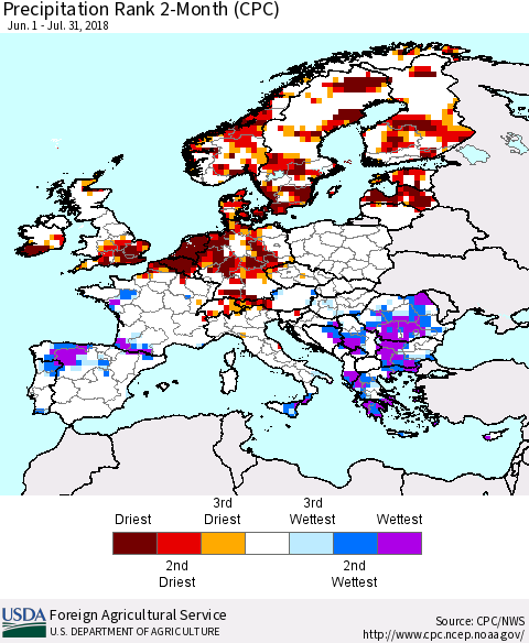 Europe Precipitation Rank since 1981, 2-Month (CPC) Thematic Map For 6/1/2018 - 7/31/2018