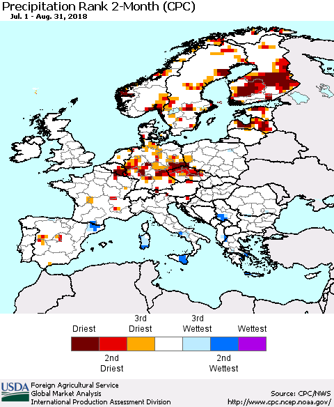 Europe Precipitation Rank since 1981, 2-Month (CPC) Thematic Map For 7/1/2018 - 8/31/2018