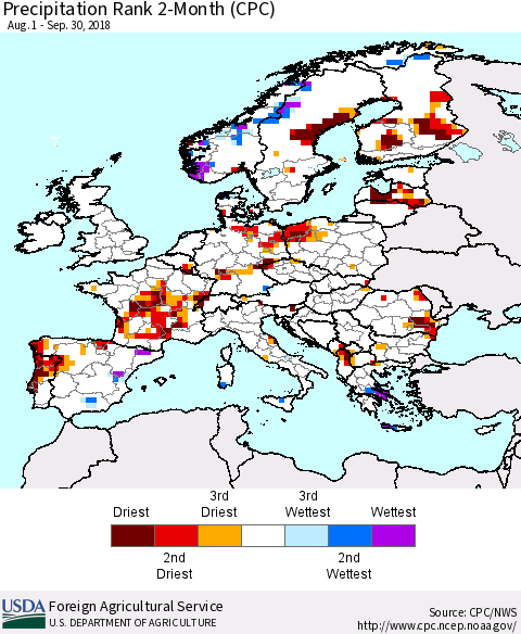 Europe Precipitation Rank since 1981, 2-Month (CPC) Thematic Map For 8/1/2018 - 9/30/2018